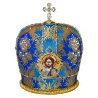 Митра голубая из парчи с крестом и вышитыми иконами, камни