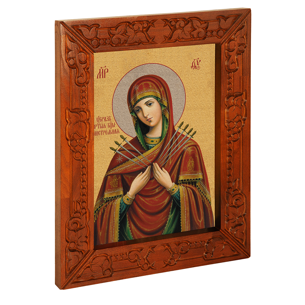 Икона Божией Матери "Семистрельная", в узкой резной раме, цвет "кипарис", холст с золочением, ширина рамы 7 см