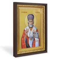 Икона святителя Николая Чудотворца, в широком багете, цвет "темный дуб", на холсте, с золочением