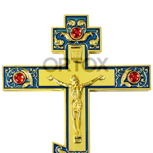 Крест напрестольный латунный, синяя эмаль, красные камни, 14,5х26 см фото 3