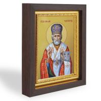 Икона святителя Николая Чудотворца, в узком багете, цвет "темный дуб", на холсте, с золочением