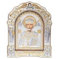 Икона греческая святителя Николая Чудотворца, арочной формы на деревянной основе под стеклом, металл