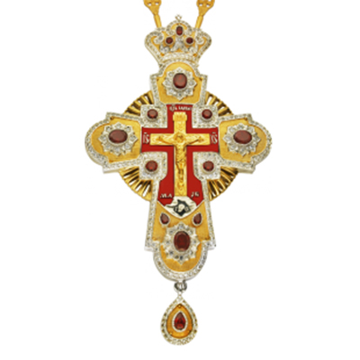 Крест наперсный латунный в позолоте, со вставками и эмалью, красные фианиты, высота 18 см