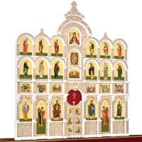 Иконостас деревянный резной "Владимирский" четырехъярусный белый с золотом (патина), 690х730х45 см