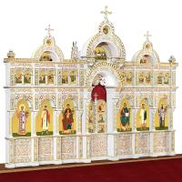 Иконостас деревянный "Романовский" двухъярусный белый с золотом (патина), 704х540х47 см
