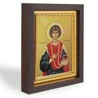 Икона великомученика и целителя Пантелеимона, в узком багете, цвет "темный дуб", на холсте, с золочением