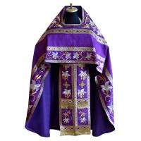 Иерейское облачение фиолетовое с иконой "Спас Нерукотворный" и вышитым рисунком "Лилия Мария"