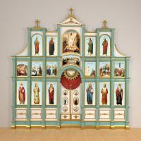 Иконостас трехъярусный (Архангельская область), бело-голубой с золотом (патина), 585х588х25 см