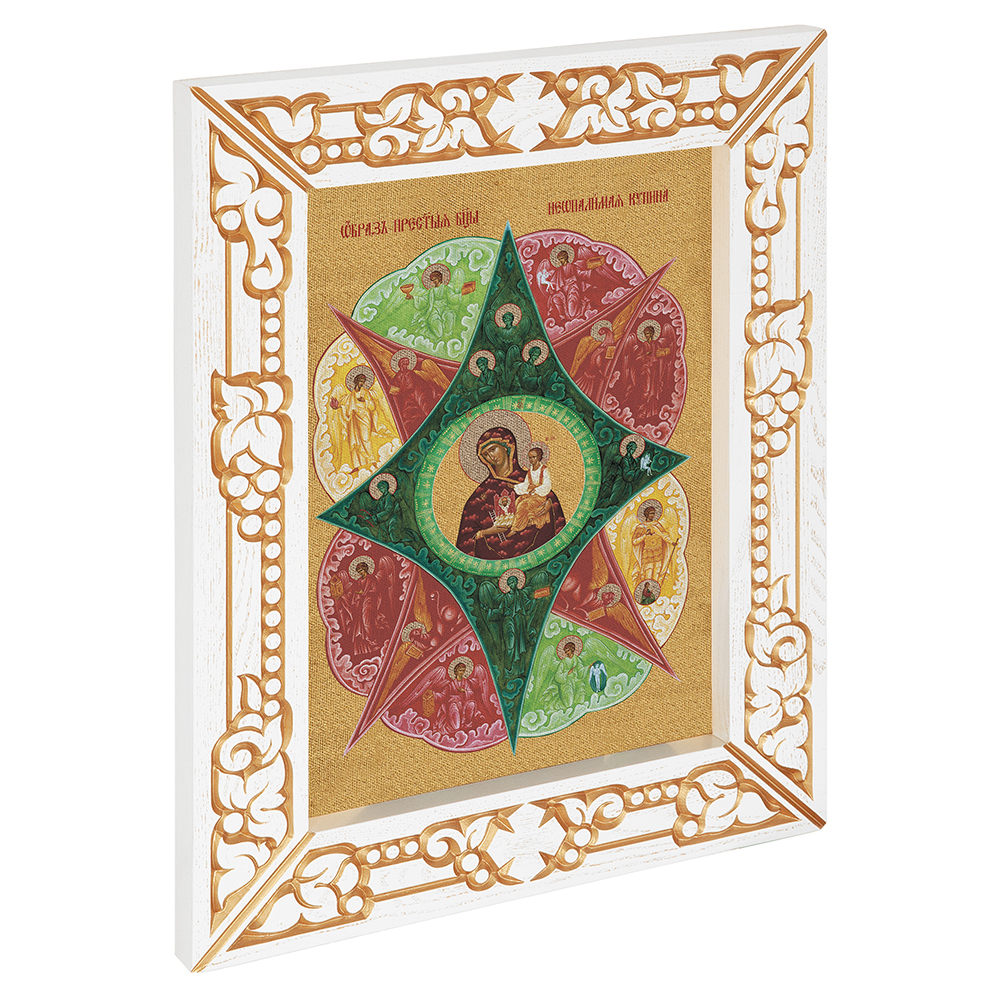 Икона Божией Матери "Неопалимая Купина", в узкой резной раме, белая с золотом (патина), холст с золочением, ширина рамы 7 см