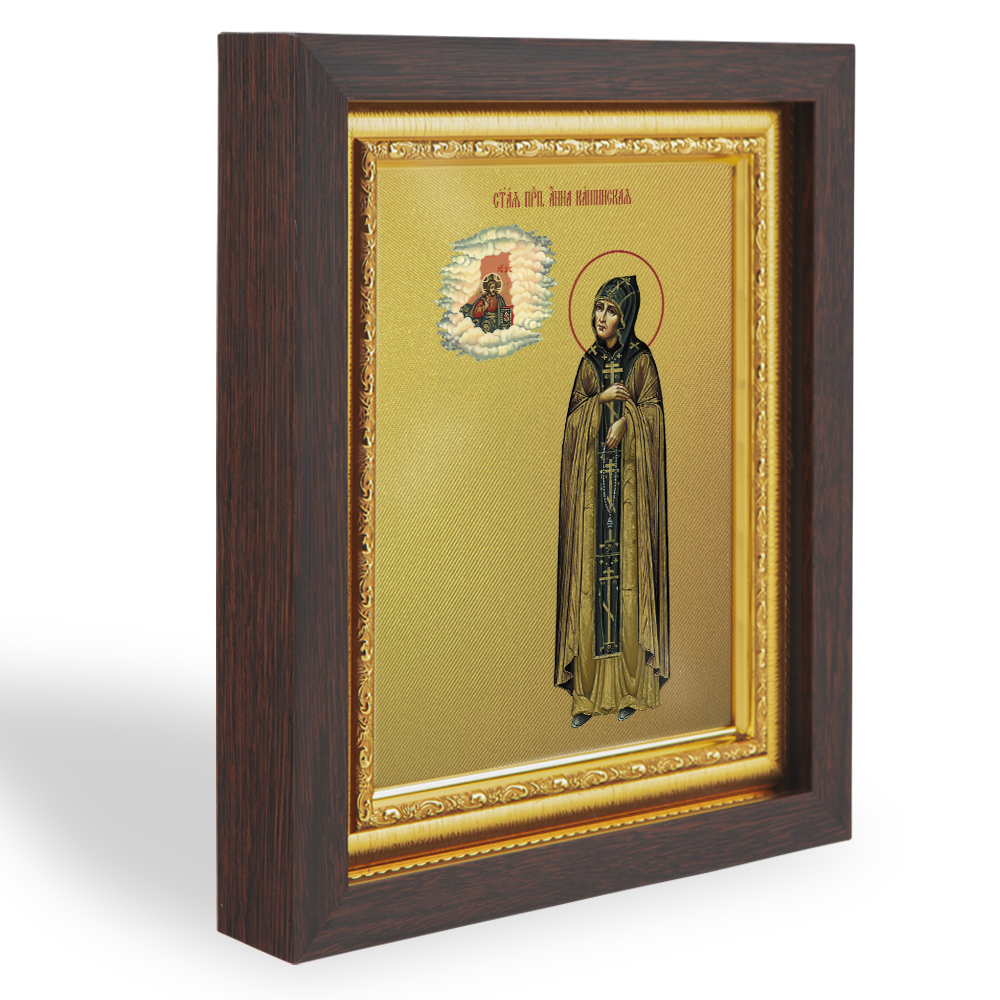 Икона Анны Кашинской, Тверской, благоверной княгини, в узком багете, цвет "темный дуб", на холсте, с золочением