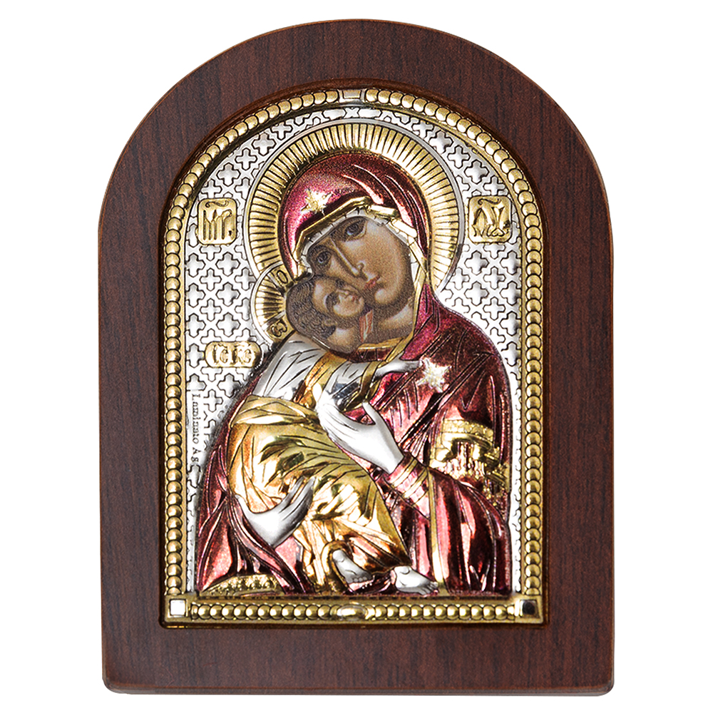 Икона греческая Божией Матери "Владимирская", арочной формы на темной деревянной основе, металлическ