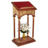 Аналой центральный &quot;Суздальский&quot;, цвет &quot;кипарис&quot; с золотом (поталь), колонны, красная ткань, высота 127 см