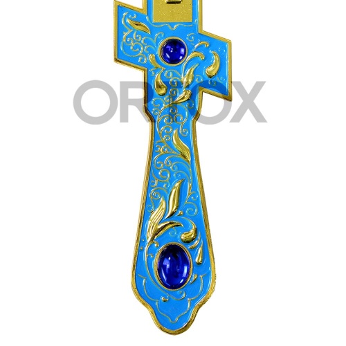 Крест напрестольный латунный, голубая эмаль, синие камни, 14,5х26 см фото 4