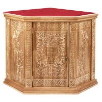 Жертвенник "Ярославский" светлый, угловой, с дверкой, красная ткань, 90х90х100 см