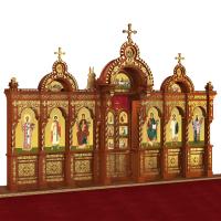 Иконостас деревянный "Романовский" одноярусный, цвет "кипарис" с золотом (поталь), 704х457х47 см