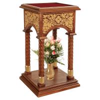 Подставка церковная "Суздальская" под литийное блюдо, цвет "кипарис" с золотом (поталь), красная ткань, 46х46х80 см