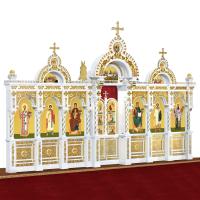 Иконостас деревянный "Романовский" одноярусный белый с золотом (поталь), 704х457х47 см
