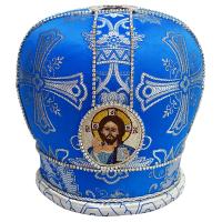 Митра голубая из парчи с вышитыми иконами, стразы