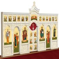 Иконостас деревянный "Суздальский" двухъярусный белый с золотом (патина), 608х378х25,4 см