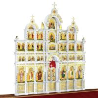 Иконостас деревянный &quot;Романовский&quot; четырехъярусный белый с золотом (поталь), 704х765х47 см