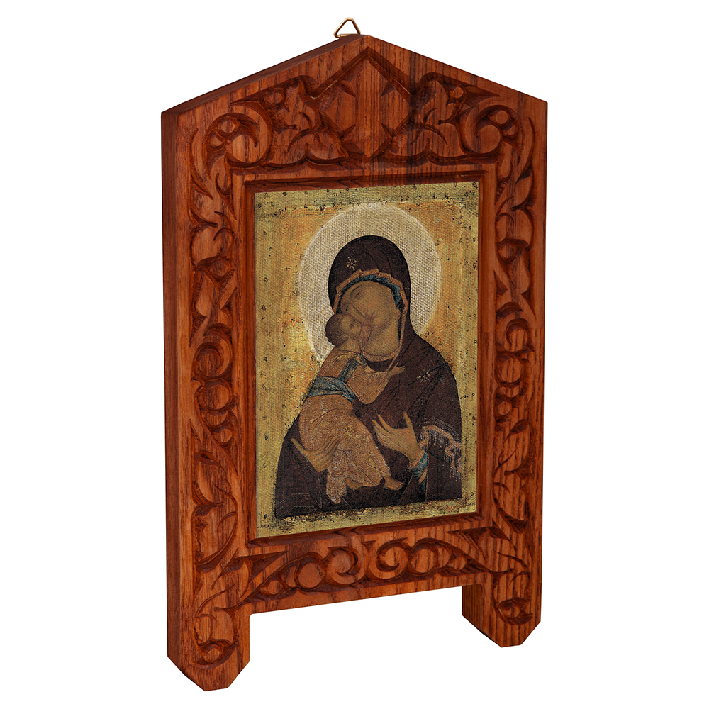 Икона Божией Матери "Владимирская" (прп. Андрея Рублева) на резной доске "Суздальская", холст с золочением