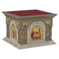 Облачение на престол "Романовское" с иконами темно-серое с золотом (патина), 140х140х105 см