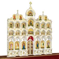 Иконостас деревянный резной "Благовещенский" четырехъярусный белый с золотом (поталь), 664х671,5х28 