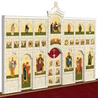 Иконостас деревянный "Суздальский" трехъярусный белый с золотом (патина), 608х483х25,4 см