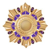 Мощевик накладной из ювелирного сплава в позолоте с фиолетовой эмалью и фианитами, Ø 50/12 мм