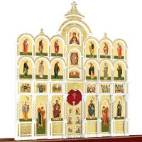 Иконостас деревянный резной "Владимирский" четырехъярусный белый с золотом (поталь), 690х730х45 см
