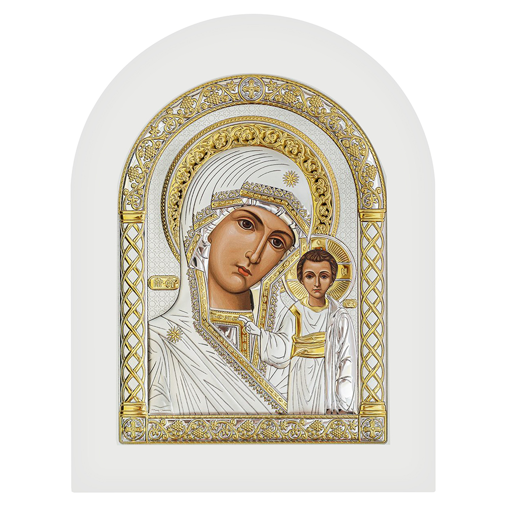 Икона греческая Божией Матери "Казанская", арочной формы на белой деревянной основе, металлический о