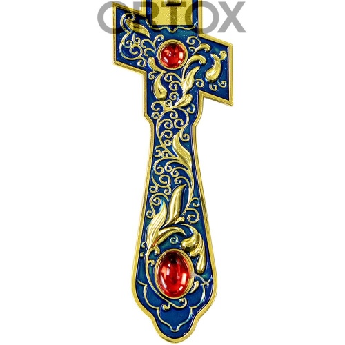 Крест напрестольный латунный, синяя эмаль, красные камни, 14,5х26 см фото 4