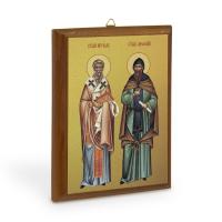 Икона равноапостольных Кирилла и Мефодия на деревянной основе, цвет "кипарис", на холсте с золочение