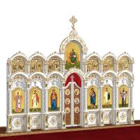 Иконостас деревянный резной "Благовещенский" двухъярусный белый с золотом (патина), 664х493х28 см