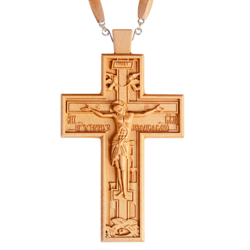 Крест наперсный протоиерейский деревянный светлый резной, с цепью, 7х12 см