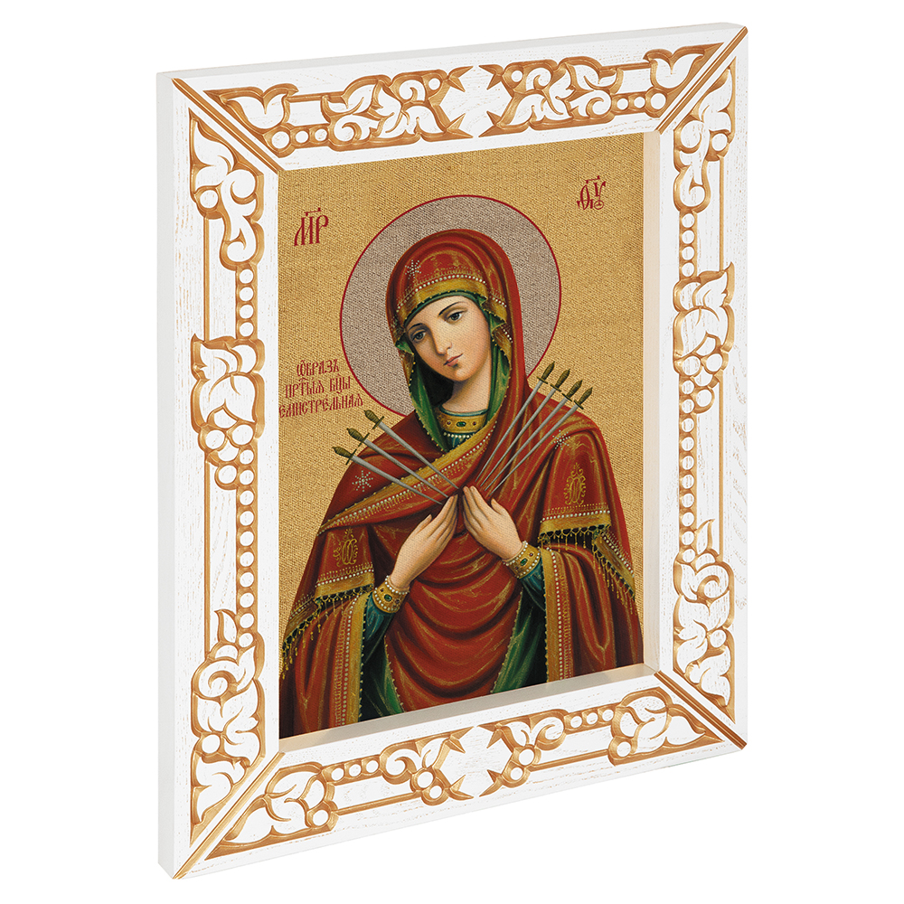 Икона Божией Матери "Семистрельная", в узкой резной раме, белая с золотом (патина), на холсте с золочением, ширина рамы 7 см