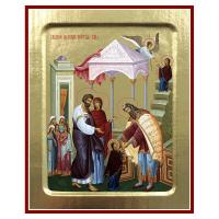 Икона Введения во храм Пресвятой Богородицы, на дереве, золочение (поталь), 12,5х16 см