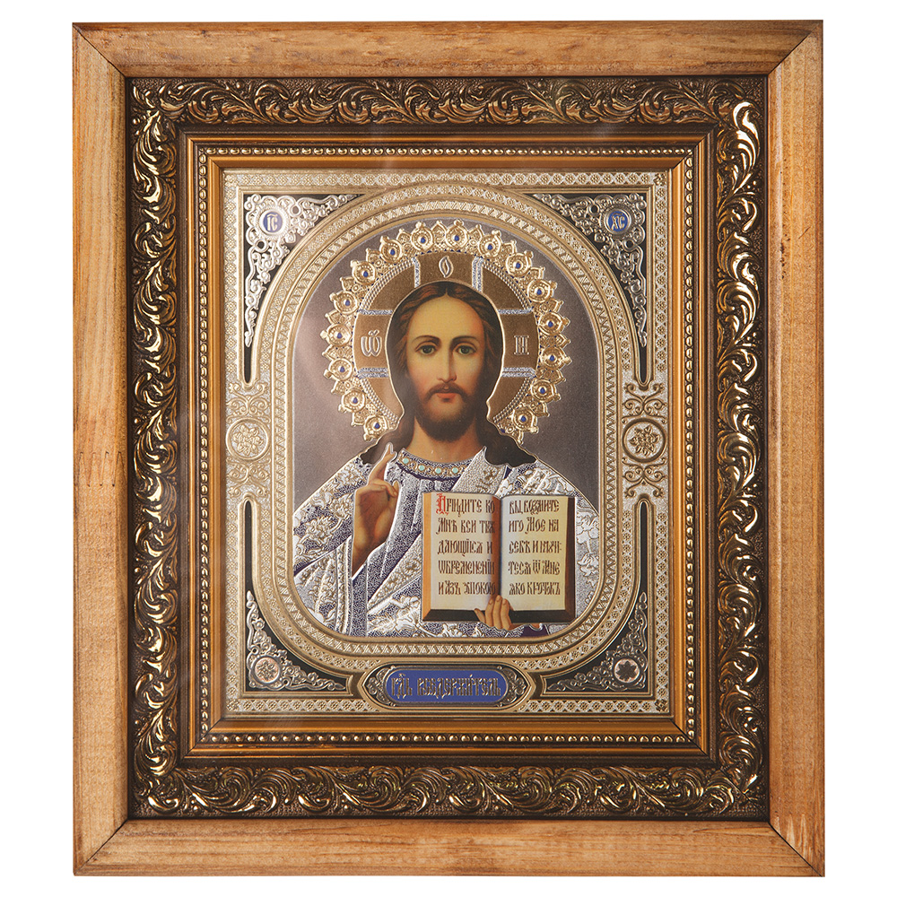 Икона Спасителя "Господь Вседержитель" в деревянном киоте, 22,8х25,8 см
