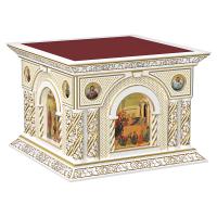 Облачение на престол &quot;Романовское&quot; с иконами белое с золотом (патина), 140х140х105 см