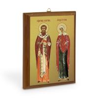 Икона священномученика Киприана и мученицы Иустины на деревянной основе, цвет &quot;кипарис&quot;, на холсте с
