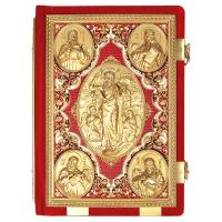 Евангелие напрестольное красное, оклад "под золото", бархат, эмаль, 24х31 см