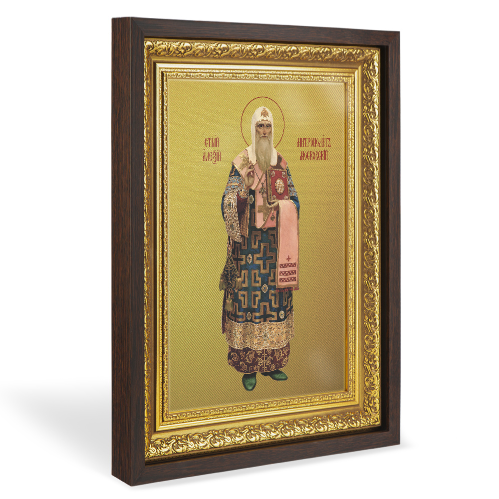 Икона Алексия, митрополита Московского, святителя, в широком багете, цвет "темный дуб", на холсте, с золочением 