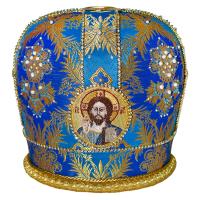 Митра голубая из парчи с вышитыми иконами, камни