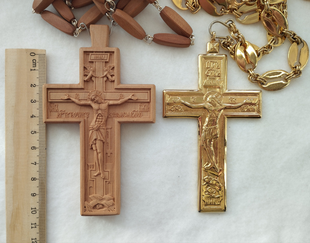 Крест наперсный протоиерейский деревянный светлый резной, с цепью, 7х12 см