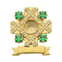 Мощевик врезной серебряный в позолоте, зеленые фианиты, 23х27 мм