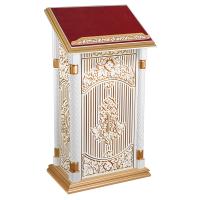 Аналой центральный &quot;Суздальский&quot; белый с золотом (патина), тумба, красная ткань, высота 130 см