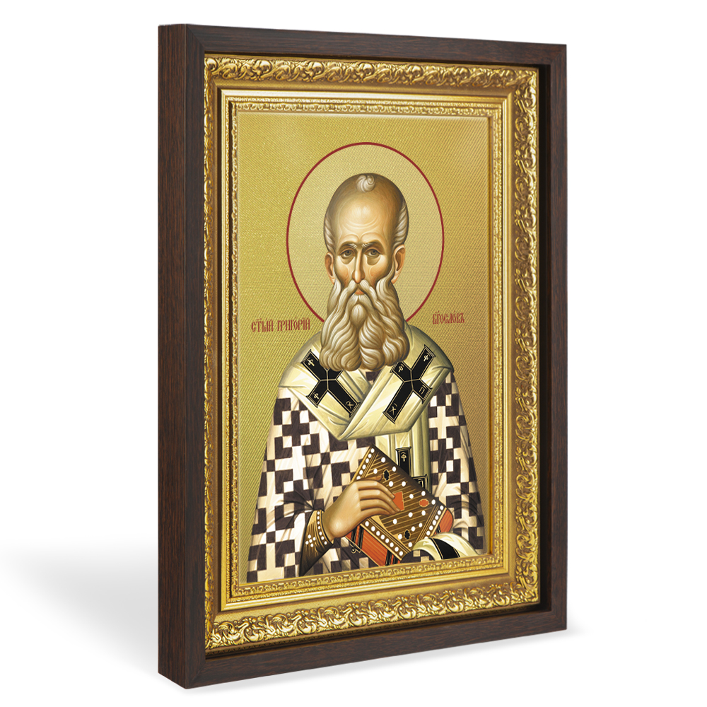 Икона святителя Григория Богослова, в широком багете, цвет "темный дуб", на холсте, с золочением