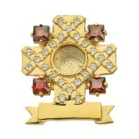 Мощевик врезной серебряный в позолоте, красные фианиты, 23х27 мм