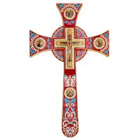 Крест напрестольный / требный четырехконечный, красная эмаль, камни, 17х29 см, №2, У 55-0035