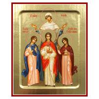 Икона мучениц Веры, Надежды, Любови и матери их Софии, на дереве, золочение (поталь), 12,5х16 см